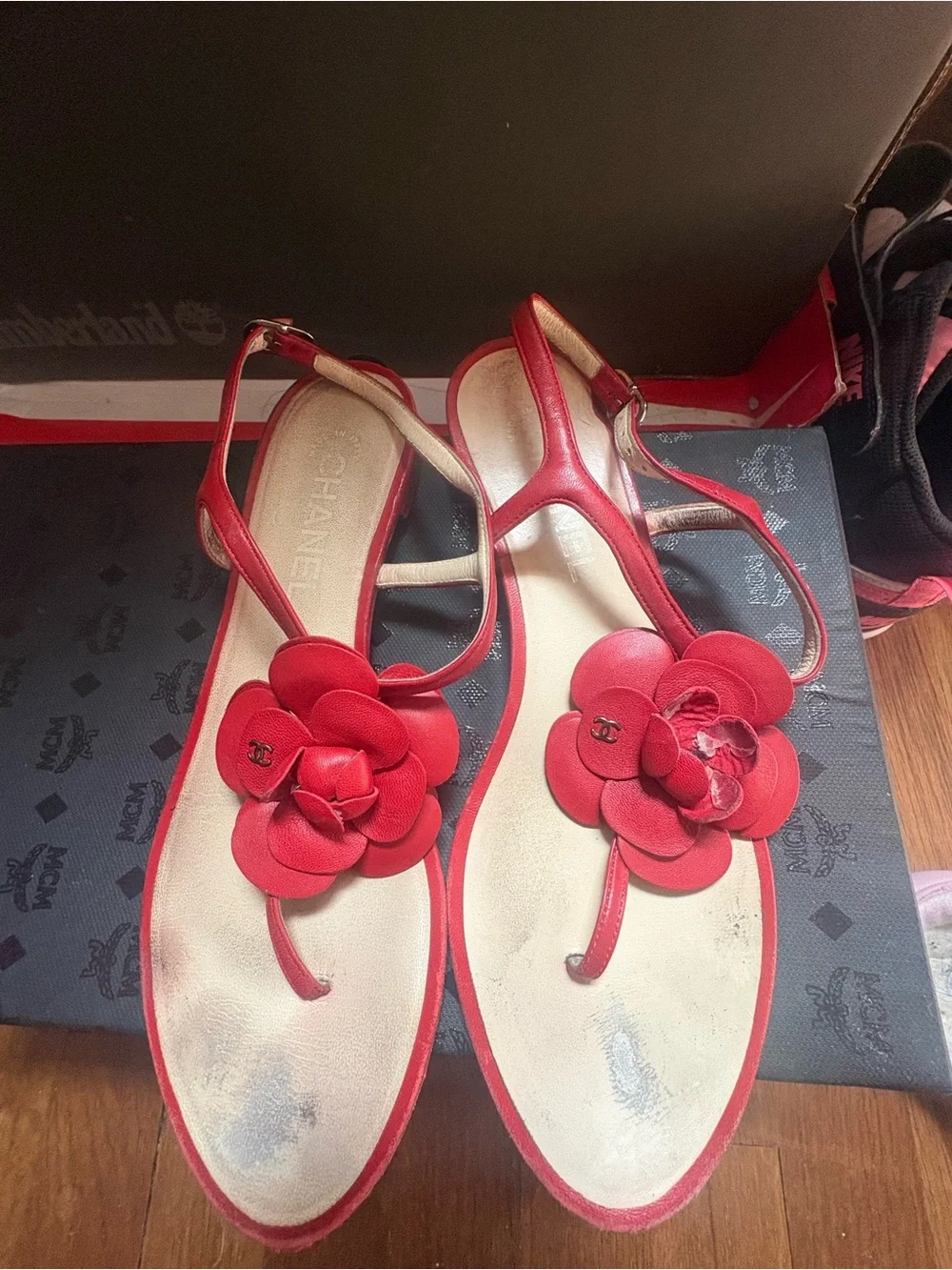 CHANEL Red Camellia Leather T-Strap Sandals